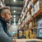 Warehouse staff performing physical stock verification while comparing inventory with ERP records using barcode scanners and a tablet.